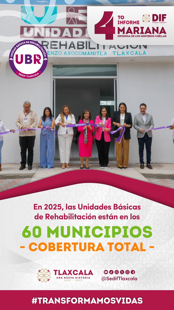 estilotlax's tweet photo. En el SEDIF Tlaxcala llevamos la atención en #rehabilitación a todo el estado. ♿💜
En 2025, las UBR tienen presencia en los 60 municipios, logrando cobertura total.
Más cercanía, más inclusión.
#TransformamosVidas #4toInformeSEDIFTlaxcala@Mariana_tlx , presidenta honorífica. https://t.co/4vzK7vqBm1
