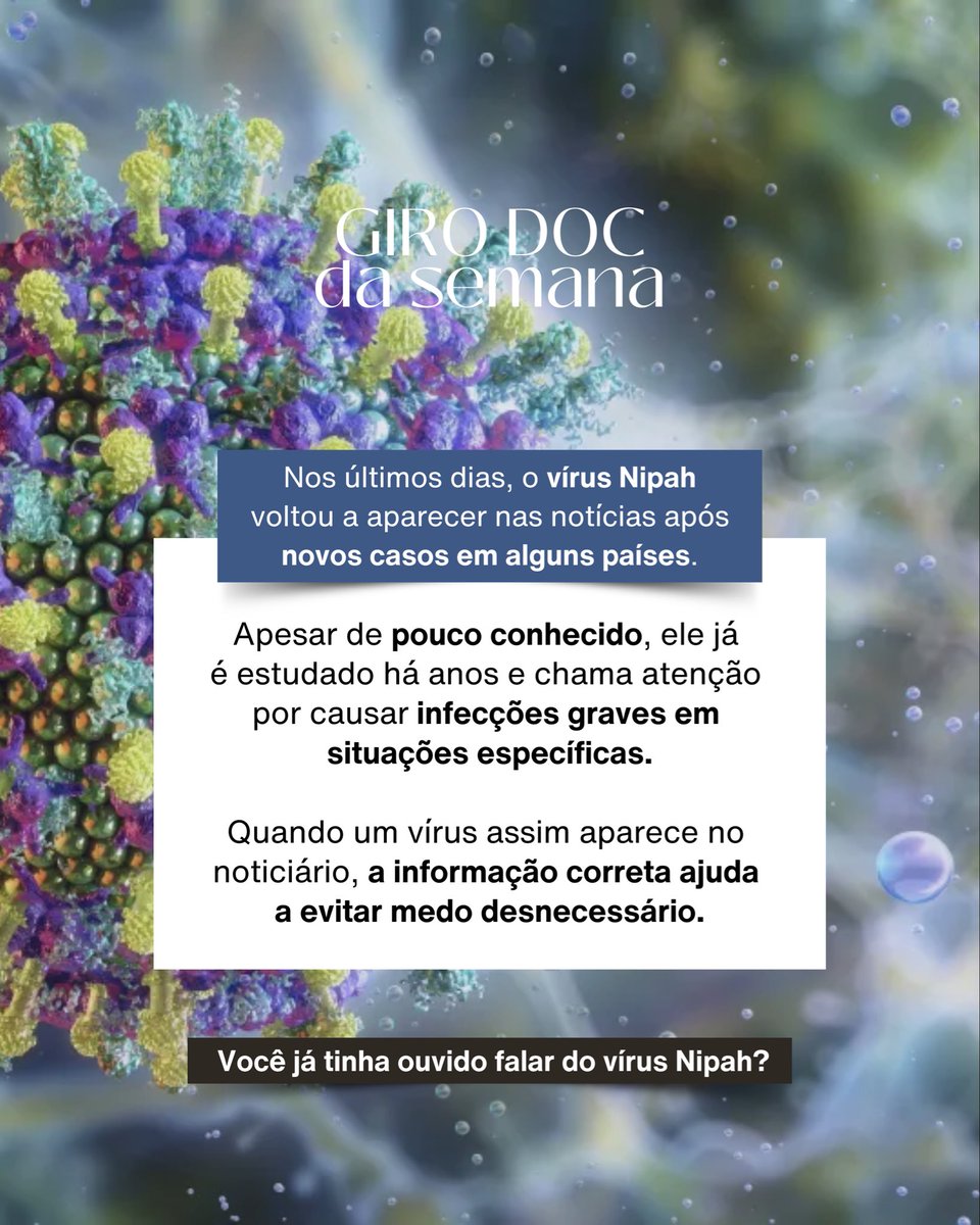 Bom day!
No #GiroDoc de hoje, vamos falar sobre o vírus Nipah, que voltou a aparecer nas notícias.
Quando um nome novo surge, informação correta é o melhor antídoto contra o medo.
Segue o fio 🧶
