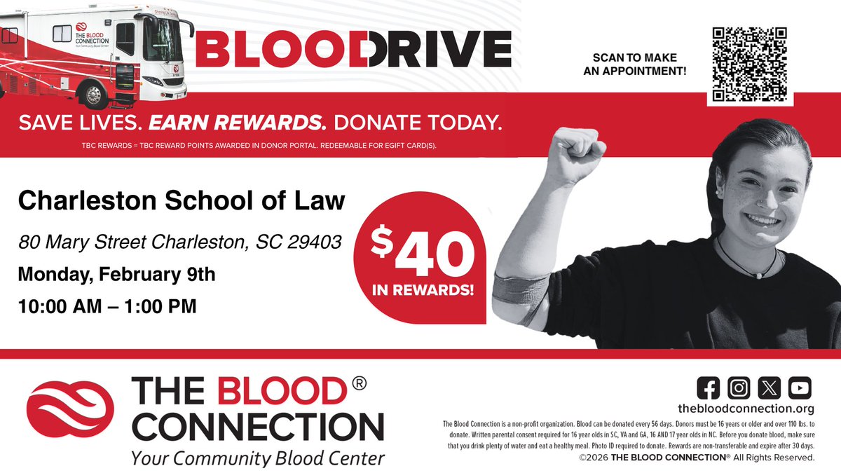 Charleston_Law's tweet image. Good Morning @Charleston_Law friends and family! It's Monday, February 9, a chilly morning. Today is the day to give the gift of life. #CharlestonLaw #SCLaw #BloodDrive