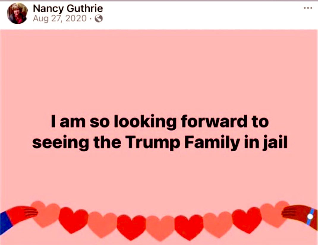 thetrumplady's tweet photo. I hear Nancy Guthrie was quite the Trump-hating Facebooker. 

Anti-ICE as well. 

The level of brainwashing is right out of 1984.

I hope they find her safe, but it doesn't look good. https://t.co/VRzVzxiI9p