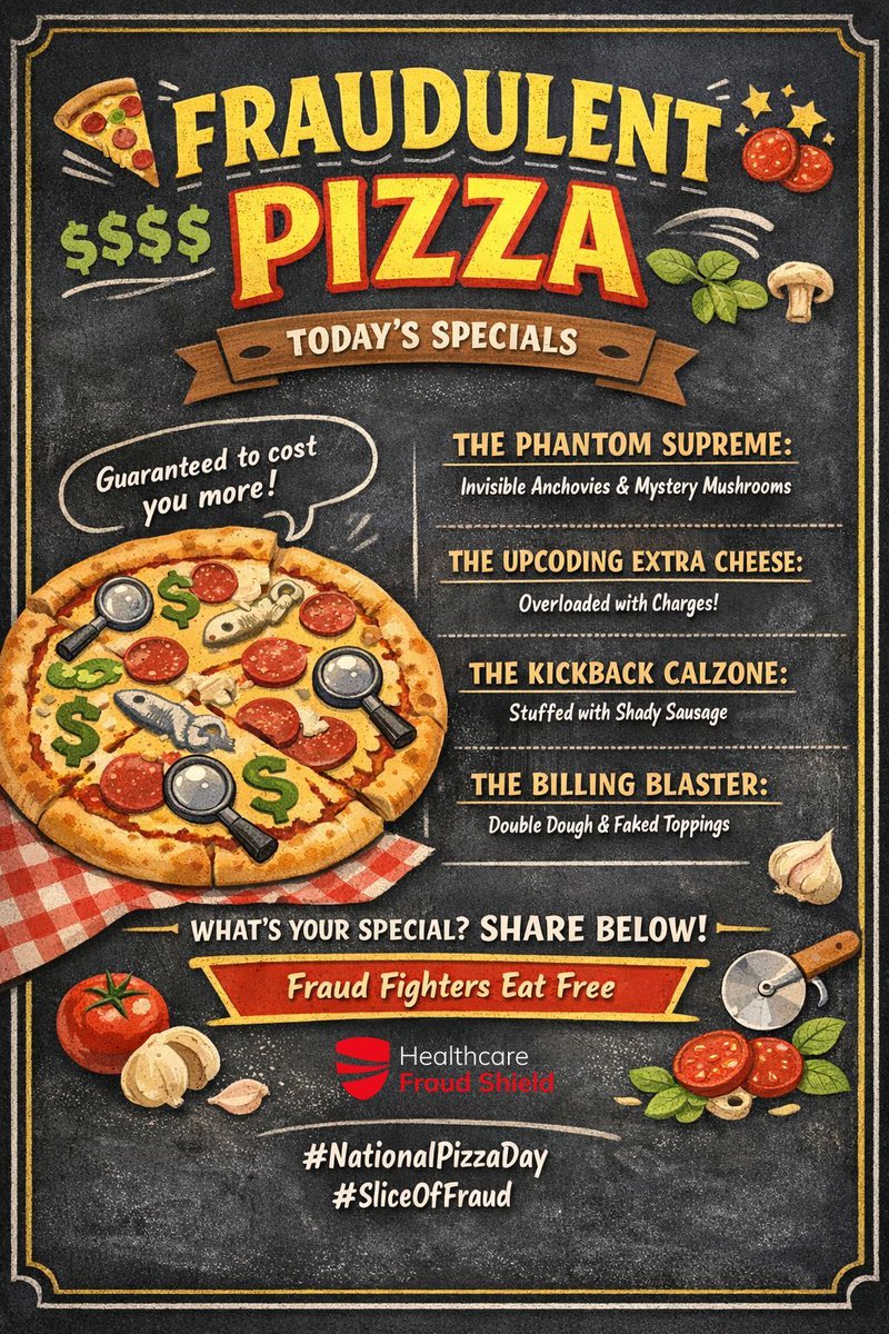 HCFraudShield's tweet image. 🍕National Pizza Day is here, and we’re serving up a slice of fun.

👉 If fraud schemes were pizza toppings… what would they be?
Phantom providers = invisible anchovies?
Upcoding = extra cheese you didn’t ask for?

Drop your best topping analogy below 👇

#HCFS #HCFraudShield