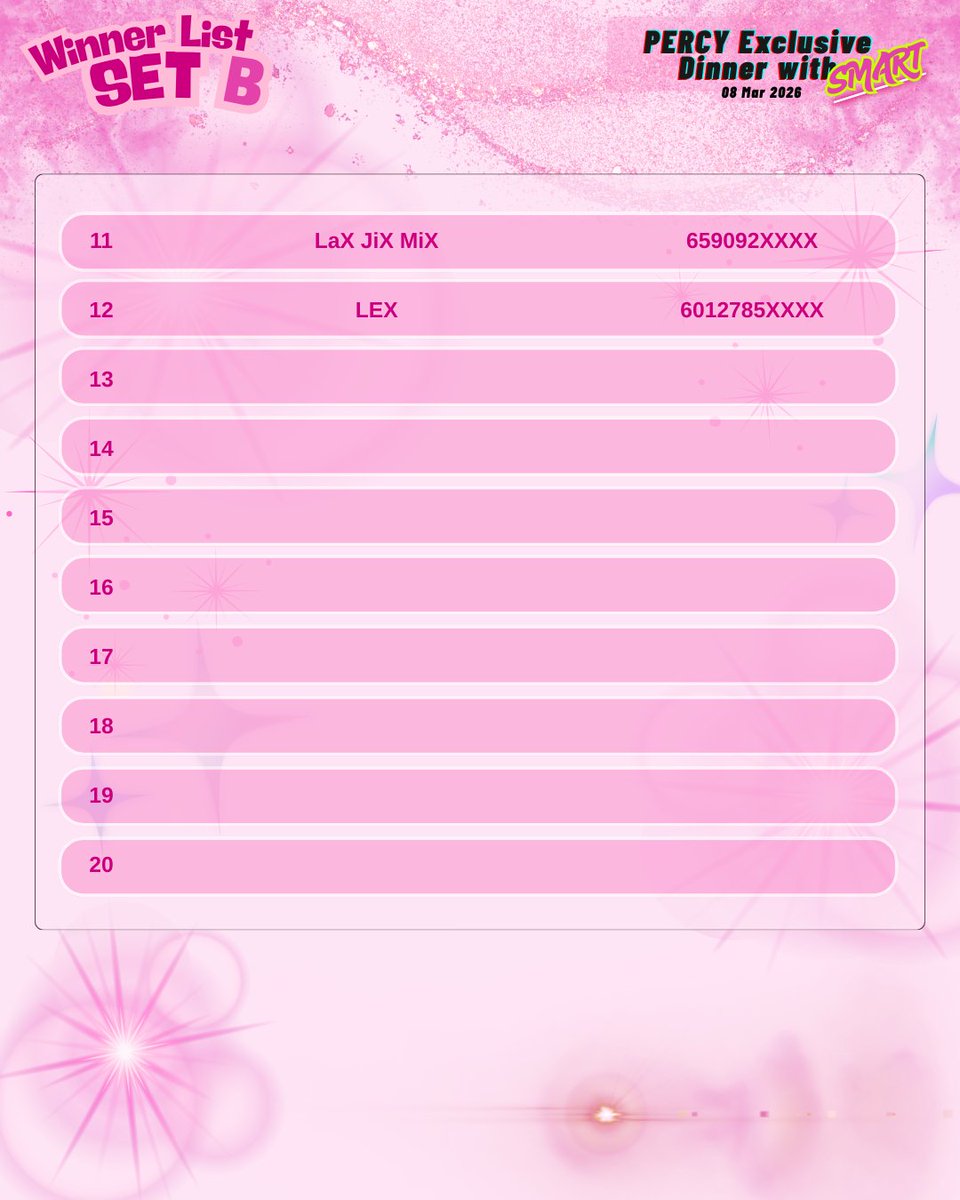 ประกาศรายชื่อผู้มีสิทธิ์ในการสั่งซื้อ
#PERCYxSMART 
PERCY Exclusive Dinner with SMART CSNP 𝗦𝗘𝗧 𝗕 - 20 pax

รบกวนผู้มีสิทธิ์ตรวจสอบ E - Mail ตามที่ทำการลงทะเบียนบน Google form 
หากไม่พบอีเมลล์ให้ติดต่อแอดมินทาง Line Official 
ผู้มีสิทธิ์สั่งซื้อมีเวลาในการชำระเงิน 2 ชั่วโมง (
