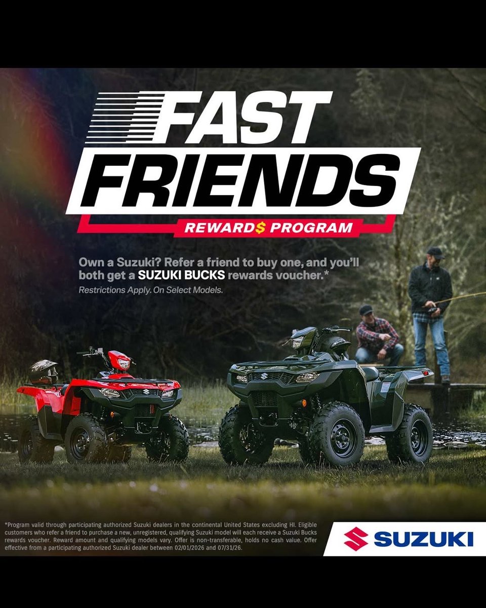 suzukicycles's tweet photo. It pays to be a Suzuki owner. Literally.

Suzuki Fast Friends is back!! — the referral program that rewards you for bringing your friends into the Suzuki family.

https://t.co/3izbNn7n6Z.

*Excludes Youth models. See dealer for details.

#Suzuki #SuzukiCycles #FastFriends https://t.co/xEK29Zgdf5