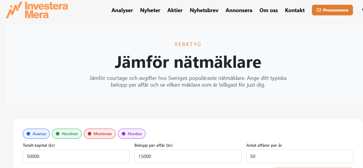 Investeramera_'s tweet photo. Courtage-kalkylatorn har nu fått ett första stort lyft! 

Den inkluderar nu fler banker/nätmäklare, insatt belopp, antal affärer etc. 

Vad saknar ni i jämförelsen? 

https://t.co/bni8eE0Q06 https://t.co/ts7yEgjK0X