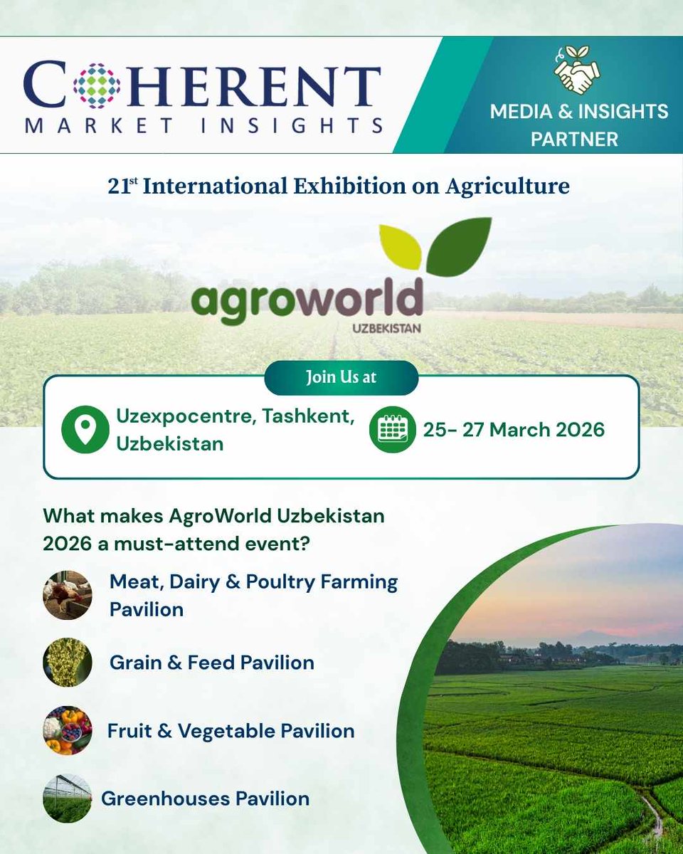<a href="/CoherentMI/">Coherent Market Insights</a> the Media &amp; Insights Partner at AgroWorld Uzbekistan 2026!

🌾 21st International Exhibition on Agriculture
📍 Tashkent, Uzbekistan
📅 25–27 March 2026

agroworld.uz

#CoherentMarketInsights #agrobusiness