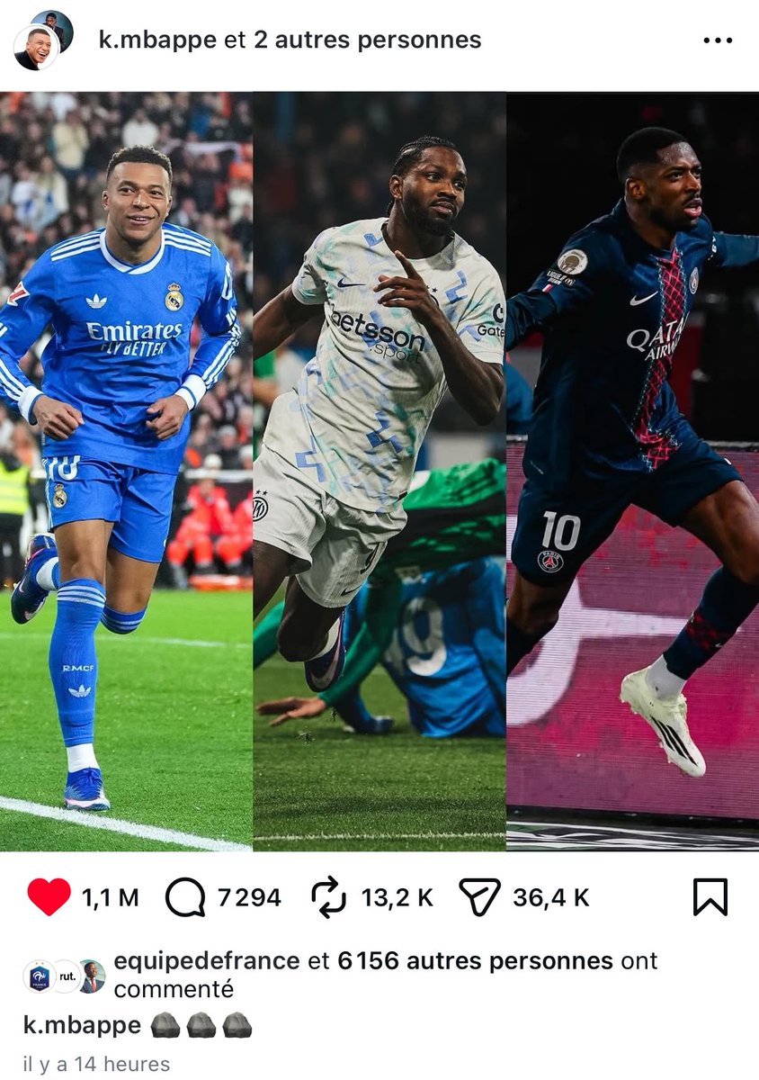 Kylian Mbappé, Marcus Thuram et Ousmane Dembélé ont fait un crosspost sur Instagram 🇫🇷❤️

𝗟𝗲𝘀 𝟯 𝗼𝗻𝘁 𝗺𝗶𝘀 𝗹𝗲 𝗳𝗲𝘂 𝗵𝗶𝗲𝗿. 🥵