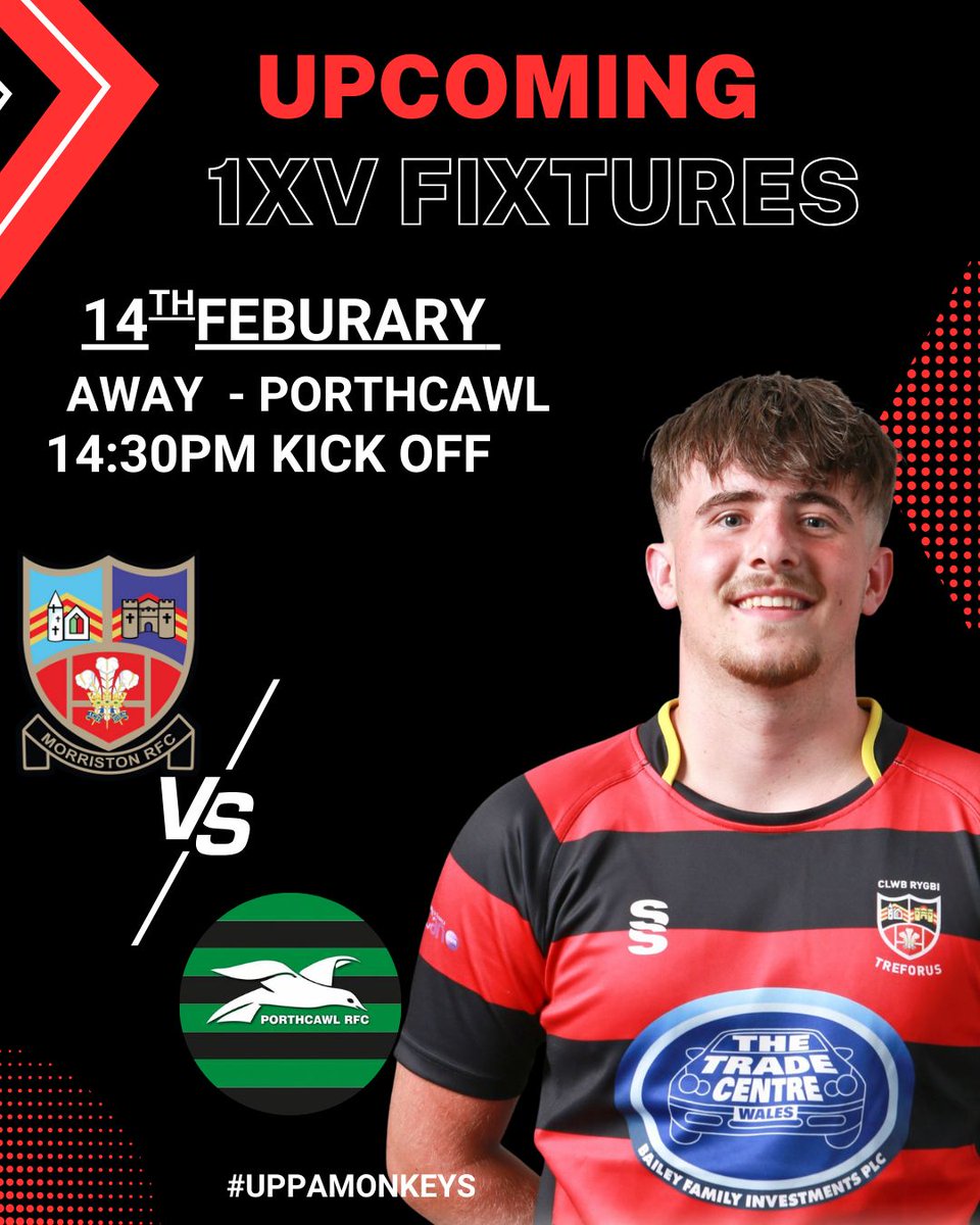 RfcMorriston's tweet photo. Senior Games - Sat 14th Feb

First XV -vs- @porthcawlrfc
AWAY - 2:30 KO

Athletic XV -vs- @vardrerugby Athletic
AWAY - 2:00 KO
Vaughan Sound Challenge Cup - QF

Come and pack the touchlines, the boys will appreciate your support.
🔴⚫️🔴⚫️🔴🐒🏉
#UppaMonkeys https://t.co/7aZBQPW9u7