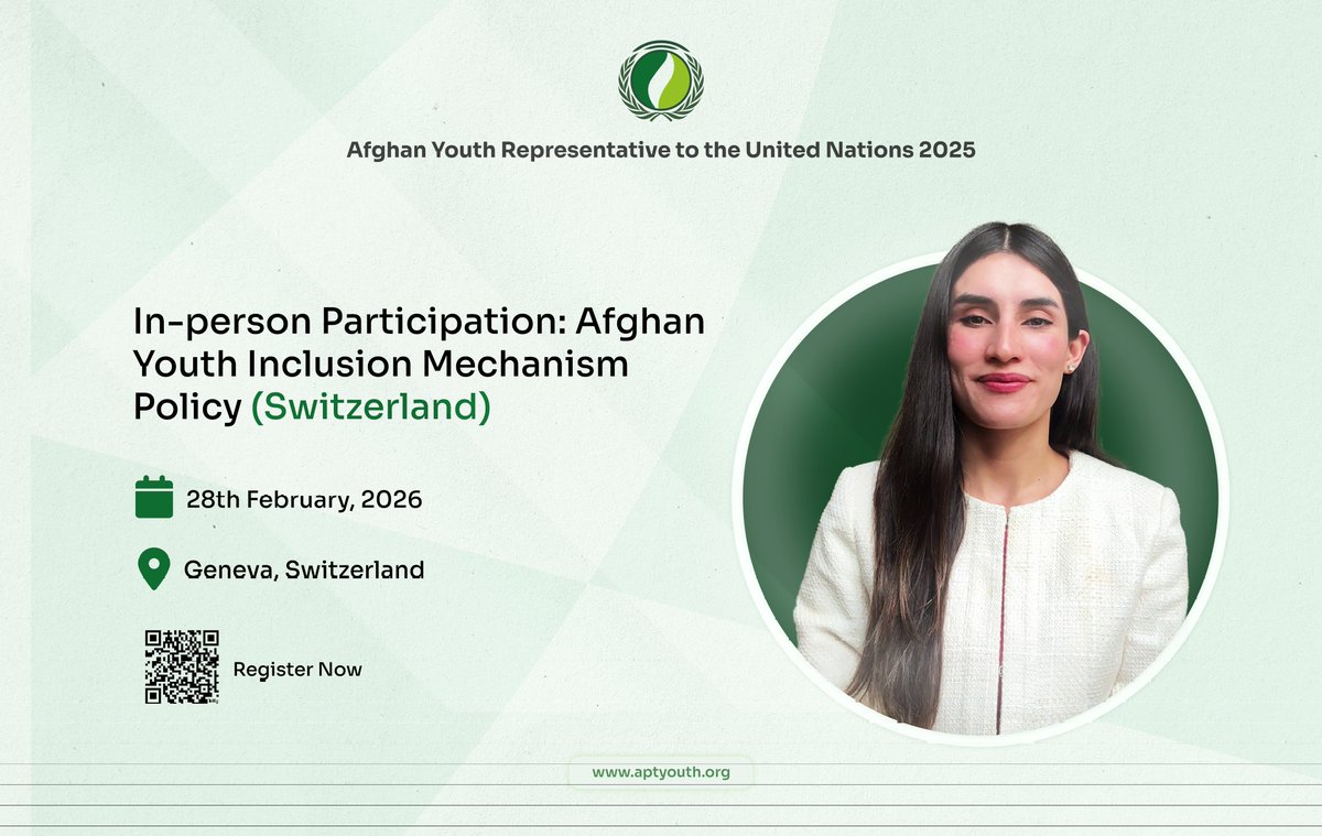 Opportunity for Afghan Youth in Geneva! > Join APT for an in-person consultation on the Afghan Youth Inclusion Mechanism Policy. Help us build a youth-led framework for representation and global decision-making.

Register now: aptyouth.org/in-person-yout…