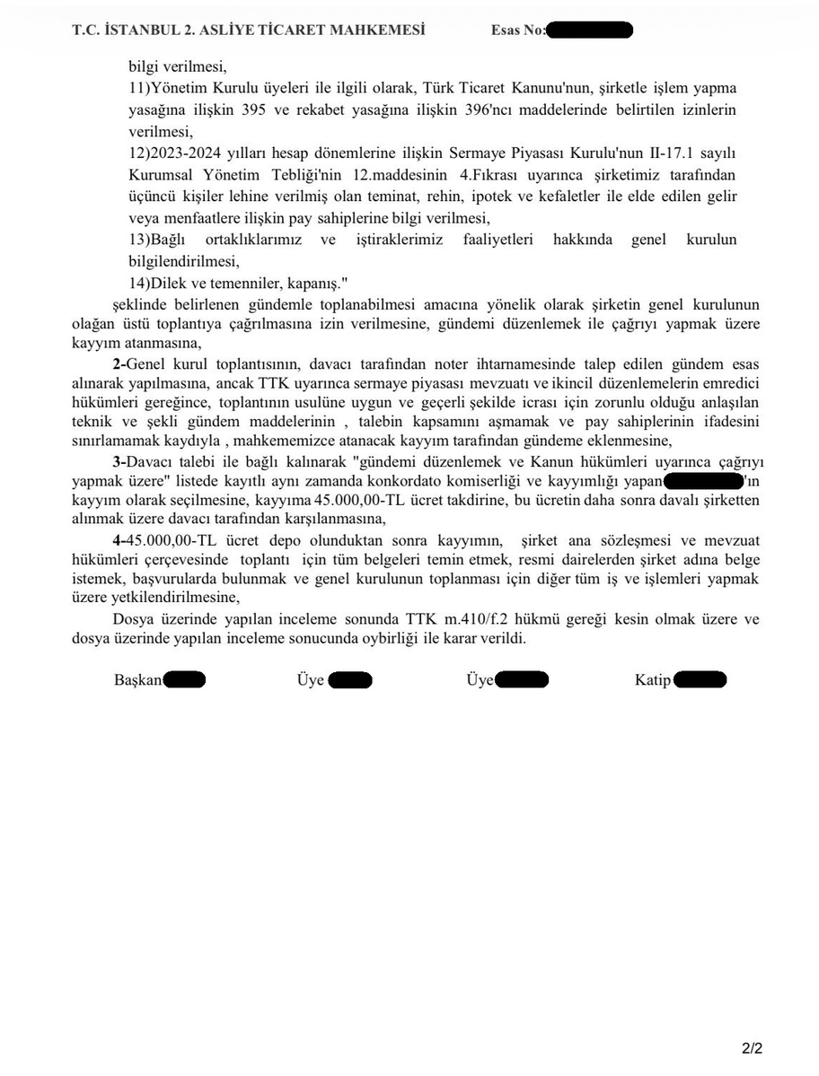 Şirketimizin pay sahibi olduğu Marka Yatırım Holding’in 2023 ve 2024 hesap dönemlerine ilişkin genel kurul toplantılarının yapılmasını teminen İstanbul 2. Asliye Ticaret Mahkemesi nezdinde açtığımız dava sonucunda, genel kurulu toplantıya çağırmakla yetkili kayyım atanmıştır.