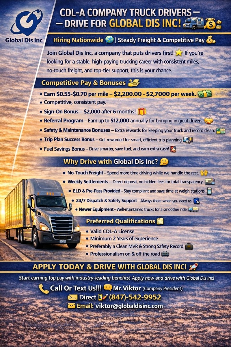 globaldisinc's tweet photo. ATTN CDL-A Drivers! 🚚 Global Dis Inc. is hiring NATIONWIDE! 📷 Looking for stable, high-paying work? 📷 #longhaul #cdllife #Truck https://t.co/AoUIEItv24
