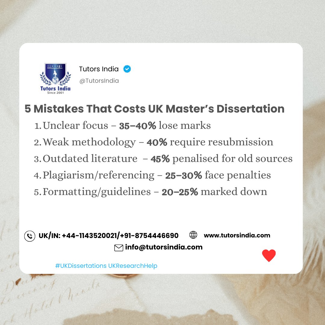 TutorsIndia's tweet photo. UK Master’s students lose 20–45% marks for simple dissertation mistakes.
Are you making one of these?
Visit to Know More: https://t.co/YJkrDqrTny
🔁 Retweet to help a Master’s student
💾 Bookmark before submission
#UKMasters #MastersDissertation
#UKStudents #DissertationTips https://t.co/1eUG1KTl6Z