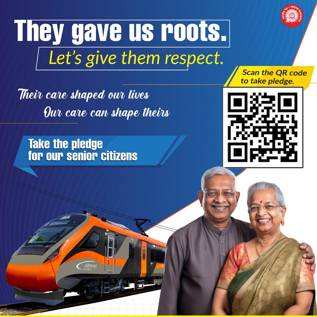 drmcrngp's tweet image. They gave us roots, now let’s give them the respect they deserve. Their care shaped our lives; our care can shape theirs.
​Join @RailMinIndia in supporting our senior citizens. Scan the QR code to take the pledge today! 👵👴🚂
​#IndianRailways #SeniorCitizens #TakeThePledge