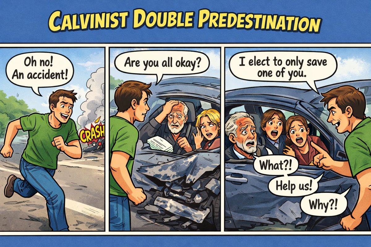 weecalvin1509's tweet image. This car crash cartoon is another of these ill judged and inaccurate  attacks, so beloved by those anti Calvinists who try to tell God whom He must save. Read my rebuttal of a similar scenario. Note the use of the word "accident" in the first frame of the car crash. 🙄 #Brazen