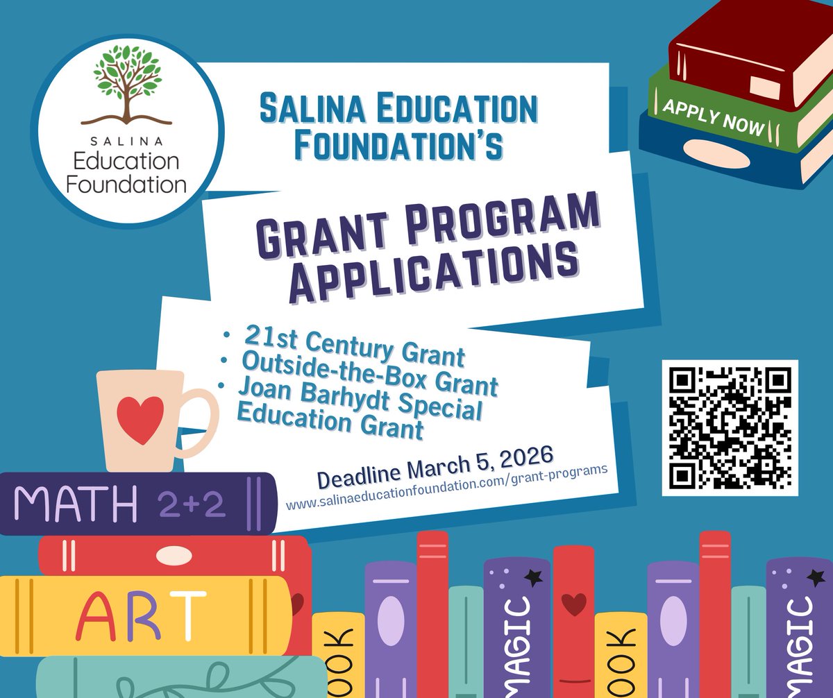 Salina Public Schools Educators - check out these grant opportunities for you! Applications are due March 5. We look forward to awarding over $20,000 in grant funds to help bring great ideas to life!
salinaeducationfoundation.com/grant-programs <a href="/USD305/">SalinaPublicSchools</a>