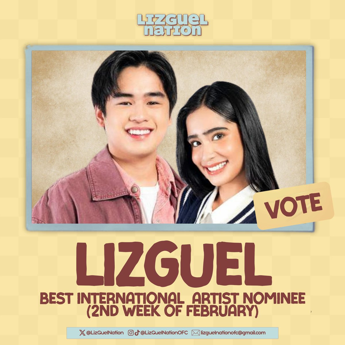 LizGuelNation's tweet image. Hello LizGuel Nation!

LizGuel has been nominated as Best International Artist at IDOL PICK! 🏆✨

Let’s vote and show the full power of Blushies! 💛

#LizGuel | #ElizaBorromeo #MiguelVergara