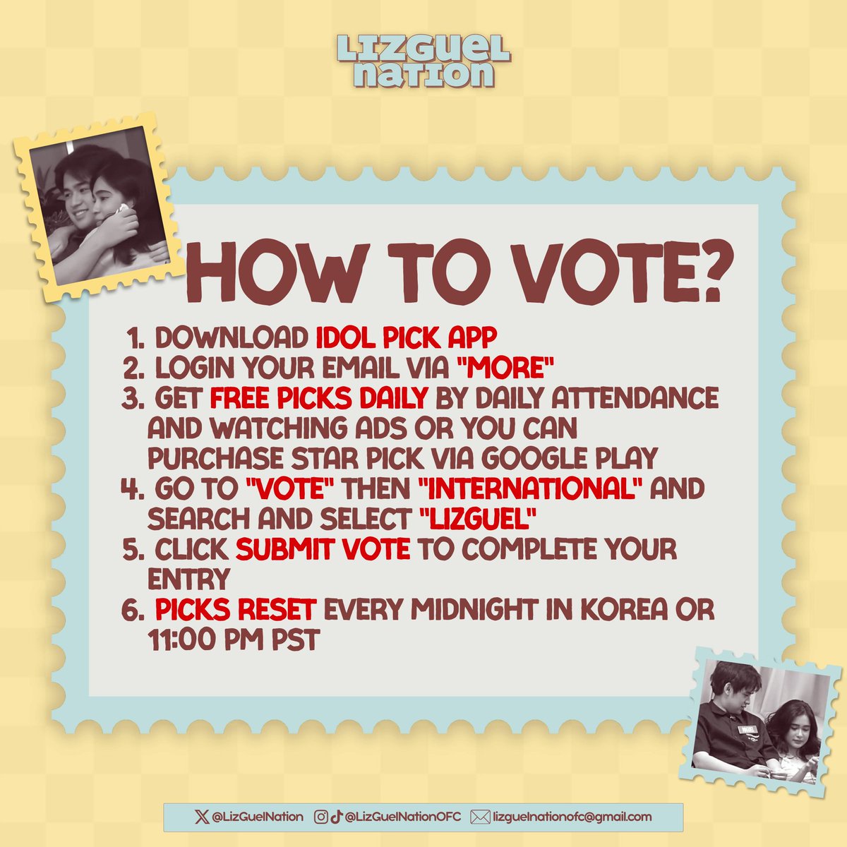 LizGuelNation's tweet image. Hello LizGuel Nation!

LizGuel has been nominated as Best International Artist at IDOL PICK! 🏆✨

Let’s vote and show the full power of Blushies! 💛

#LizGuel | #ElizaBorromeo #MiguelVergara