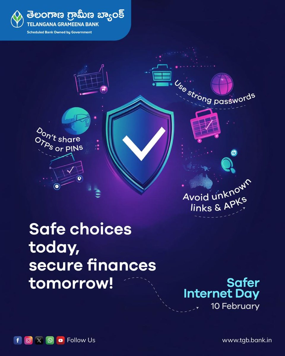 OfficialTGBHYD's tweet photo. Safe choices today. Secure finances tomorrow.
Your OTP and PIN are private — protect them like your money.
Safer Internet Day
#Saferinternetday #TGBCares #tgbtalks #tgb #sbi https://t.co/x7Uq7SLsaz