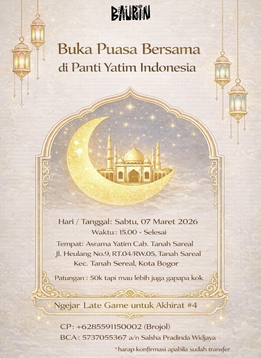 BaurinCo's tweet photo. ✨WE’RE BACK!✨

Ramadan balik, kita juga balik.
waktunya kumpul, berbagi, dan bikin momen baik bareng 🤍

Kali ini kita balik lagi buat Buka Puasa Bersama di Panti Yatim Indonesia Cabang Taman Heulang. https://t.co/ulIGrLGZ9L