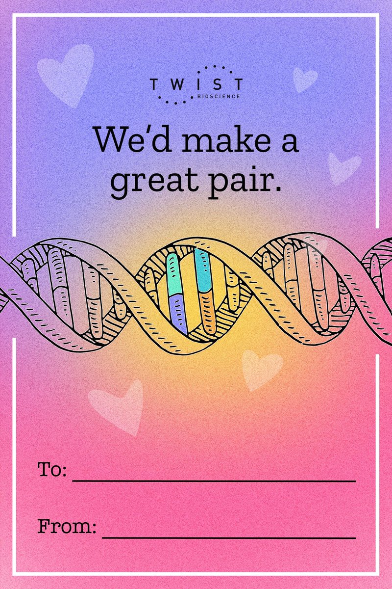 TwistBioscience's tweet photo. Back by popular demand! Our free print-at-home Valentines are sure to spread the love in your lab.

We LOVE our customers and fellow scientists- you all really light up our day and we think we make a great pair 😉 💕 

Simply download or screenshot and print.
@TwistBioscience https://t.co/CNoSIDnfVr