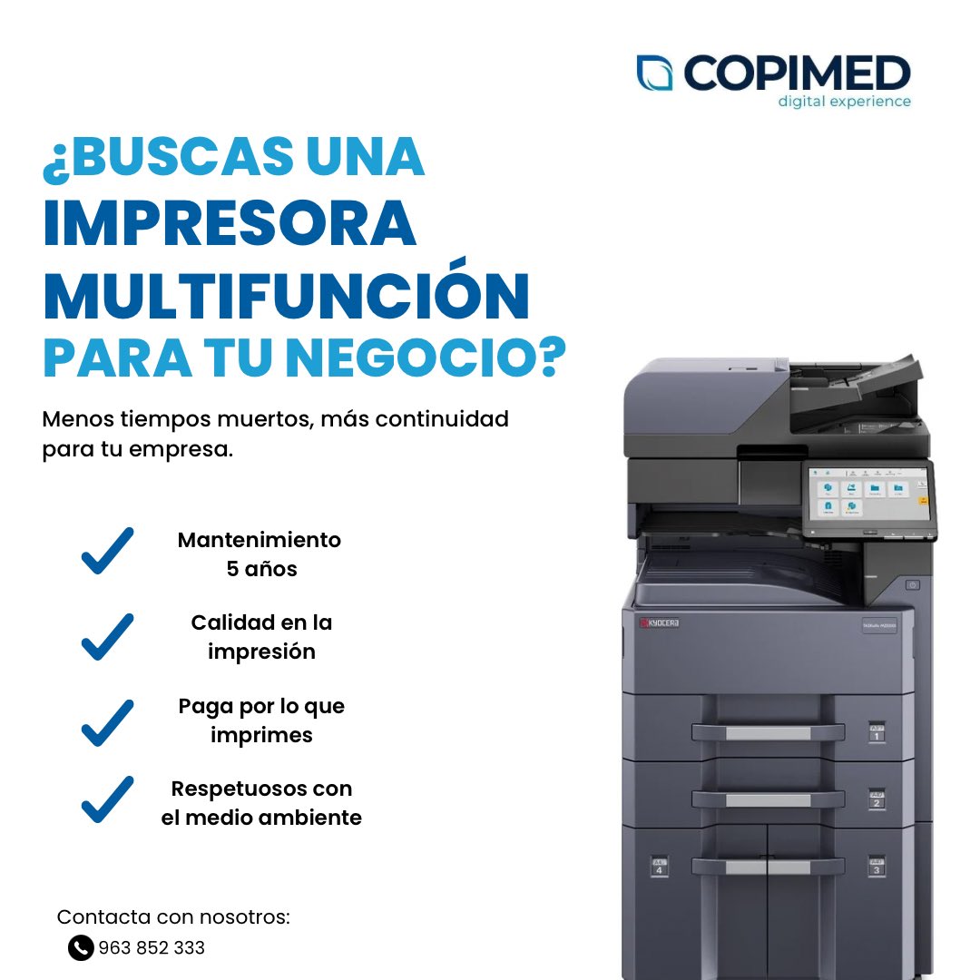 Copimed_es's tweet photo. ¿Buscas una impresora multifunción para tu negocio? 🖨
✅ Mantenimiento 5 años
✅Calidad en la impresión
✅ Paga por lo que imprimes
✅ Respetuosos con el medio ambiente
Más información: 963 852 333 o comercial@copimed.net
#Copimed #Kyocera #Impresoras #EnValencia https://t.co/g87QSzV8Zw