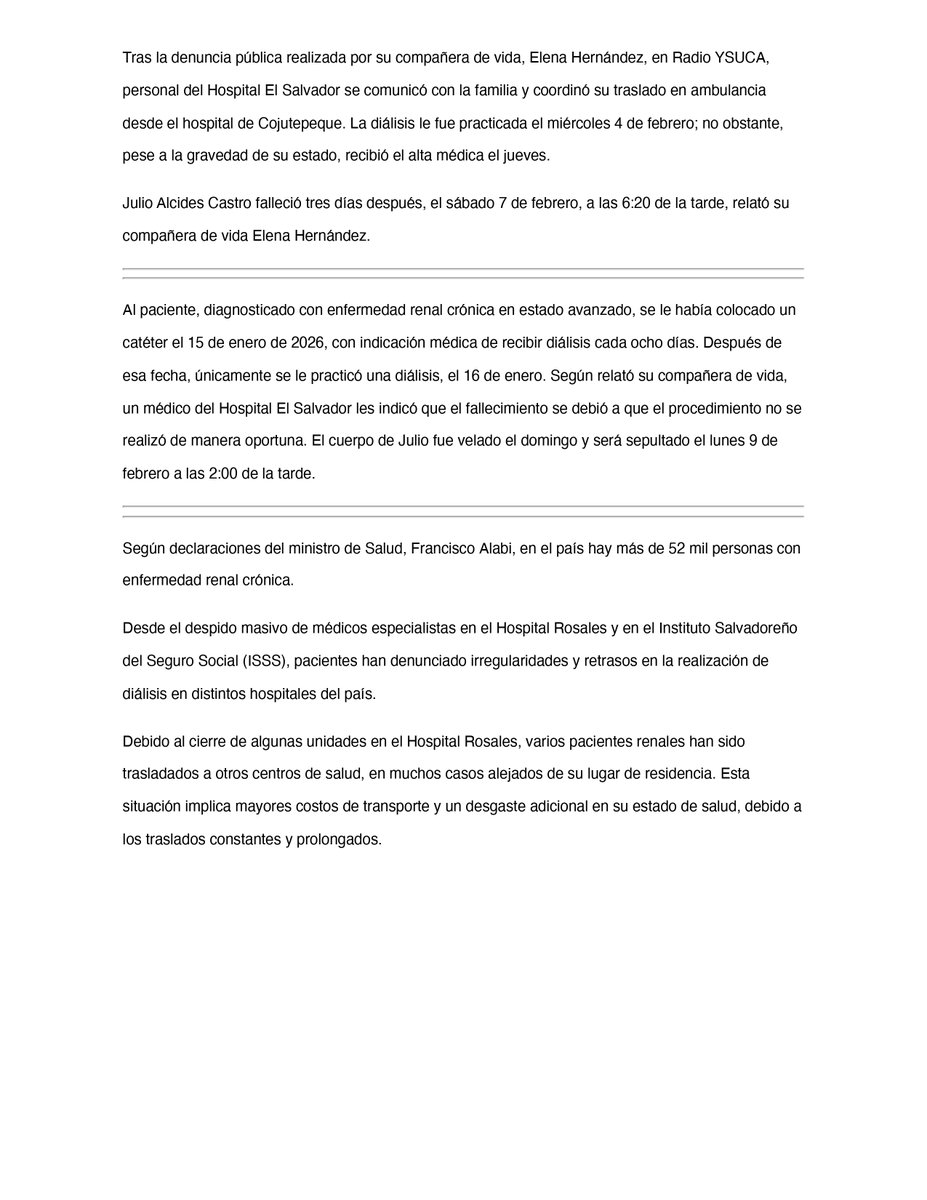 No murió por los riñones.
Murió porque el gobierno de la #N no tenía cupo, no tenía máquinas y SI tuvo el descaro para mandarlo a la casa.

Aquí la diálisis no es un derecho.
Es un filtro cruel, el que aguanta y logra hacer ruido vive, el que no, se muere en la fila.

Eso no es