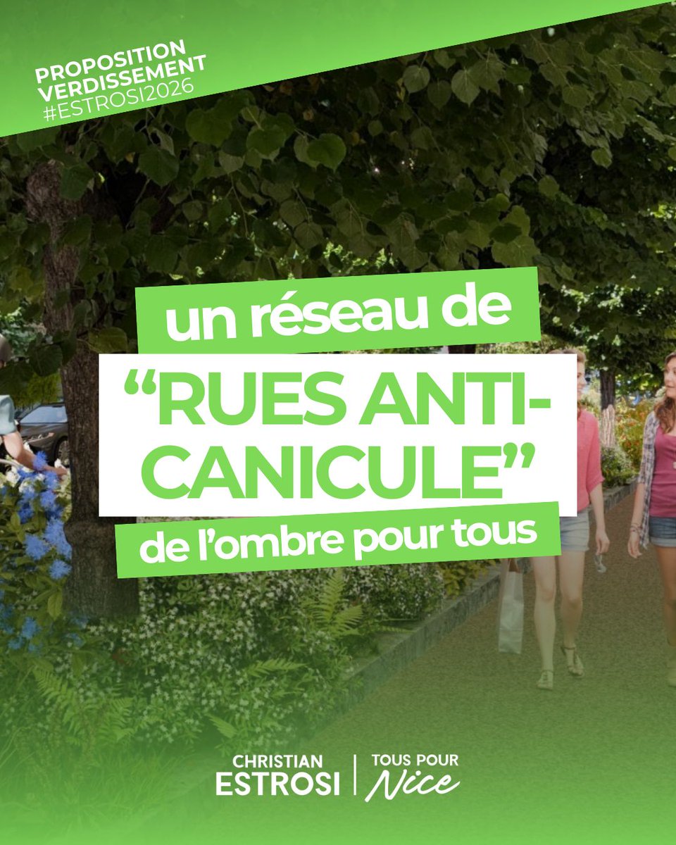 À Nice, l’ombre pour tous !
Nous créons un réseau de rues anti-canicule reliant écoles, crèches, hôpitaux, transports et pôles de quartier.
Canopées d’arbres, pergolas, voiles d’ombrage, fontaines, sols clairs et perméables : une trame d’ombre qui complète la trame verte, pour