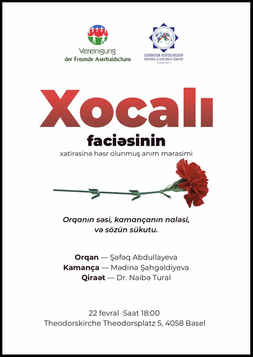 22 fevral 2026-cı il tarixdə Bazel şəhərində Xocalı faciəsinə həsr olunmuş tədbir keçiriləcəkdir.