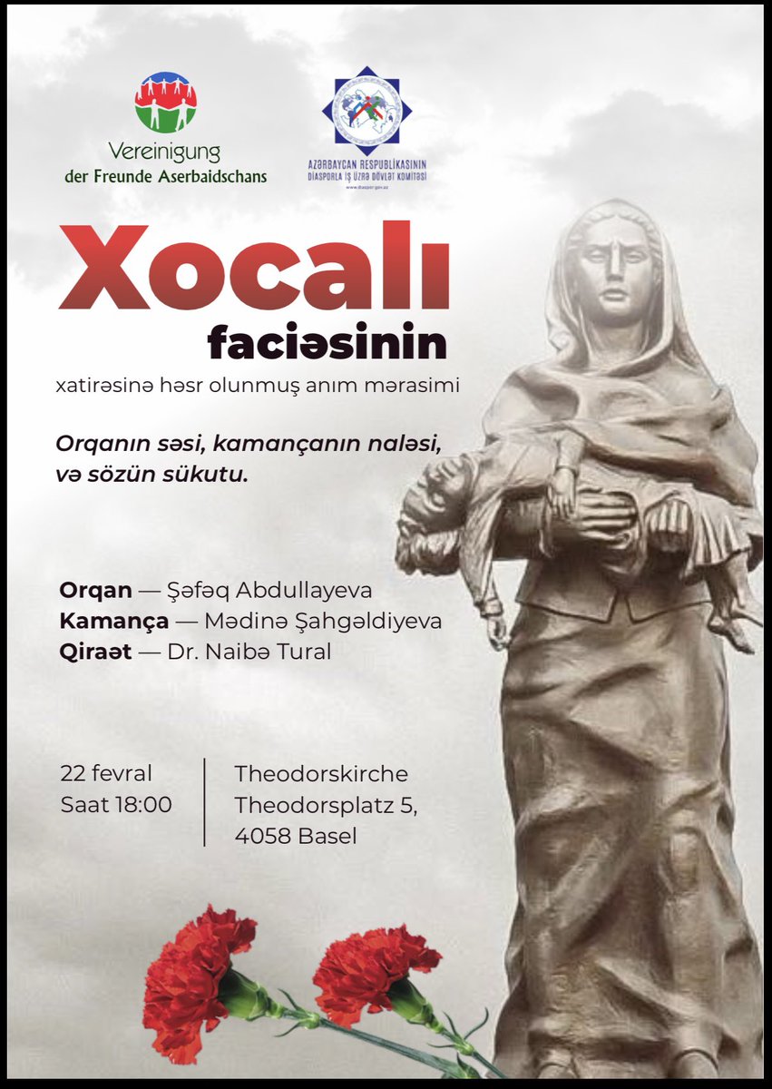 AzembassyBern's tweet photo. 22 fevral 2026-cı il tarixdə Bazel şəhərində Xocalı faciəsinə həsr olunmuş tədbir keçiriləcəkdir. https://t.co/0LYOVMY3EH