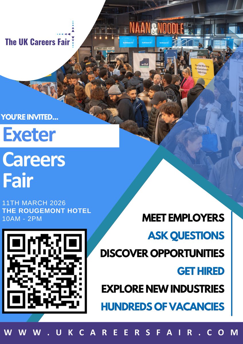 UKCareersFair's tweet image. 🌟 #Exeter Careers Fair 🌟

Join us at Mercure Exeter Rougemont Hotel from 10am on Wednesday, 11th March, for an incredible opportunity to meet with local and national employers offering exciting career opportunities.

ukcareersfair.com/event/exeter-c… 
@JCPinDevon