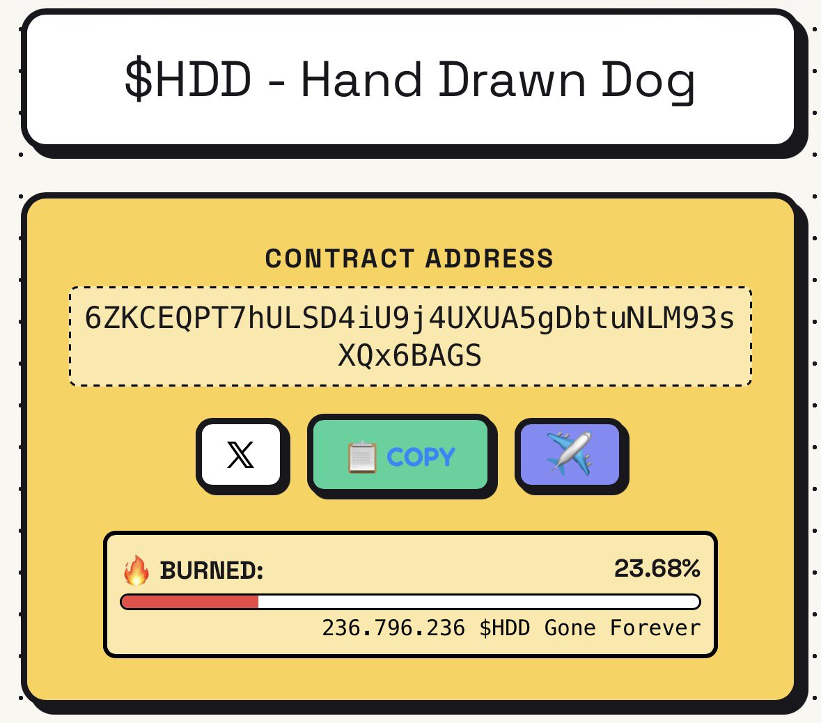 $HDD on $SOL update:

🔥 23.6% burnt
🔐 7% locked until April 
🖍️ 49 dogs drawn by the community
📈 $80k mcap ATH
🤝 All fees used for growth

Pending burns:

🔥 2m burn @ 100k mcap
🔥 2m burn @ 150k mcap
🔥 2m burn @ 200k mcap

Ca: 6ZKCEQPT7hULSD4iU9j4UXUA5gDbtuNLM93sXQx6BAGS