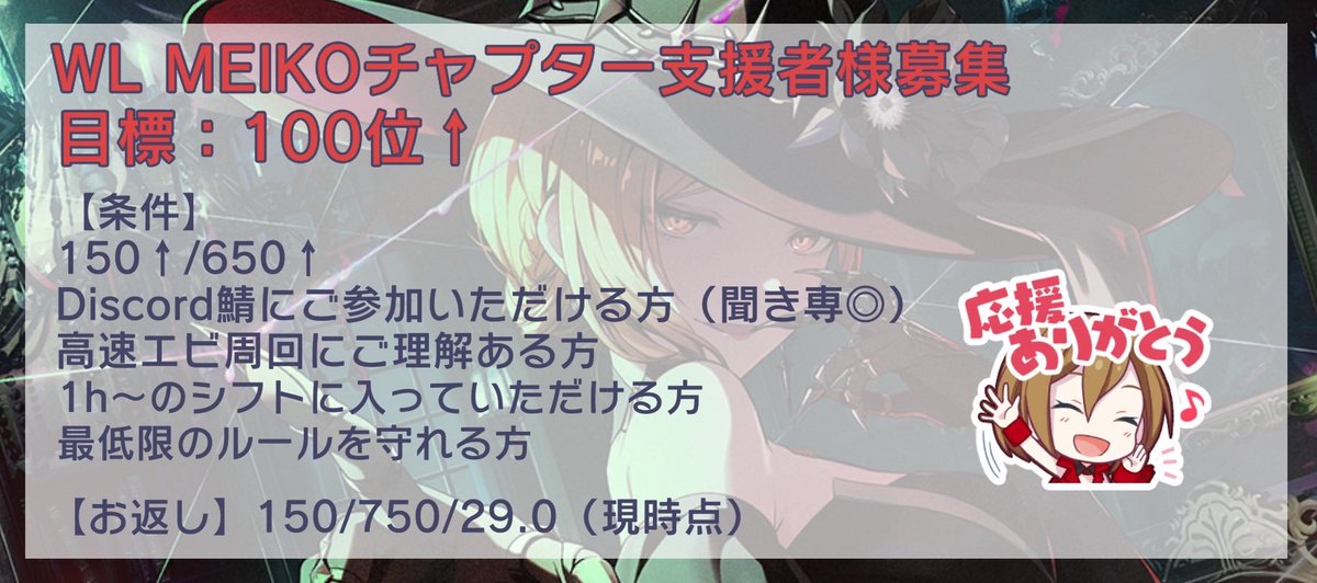 イベントお疲れ様でした！
8月のWLMEIKOチャプターにてTOP100目指して走らせて頂きます。
FF内外問いませんので、御支援頂ける方はリプにてお声がけ下さいませ。
お返しが難しいイベントはリプに掲載致します。

#プロセカ支援者様募集
#プロセカお手伝い様募集
#プロセカ募集