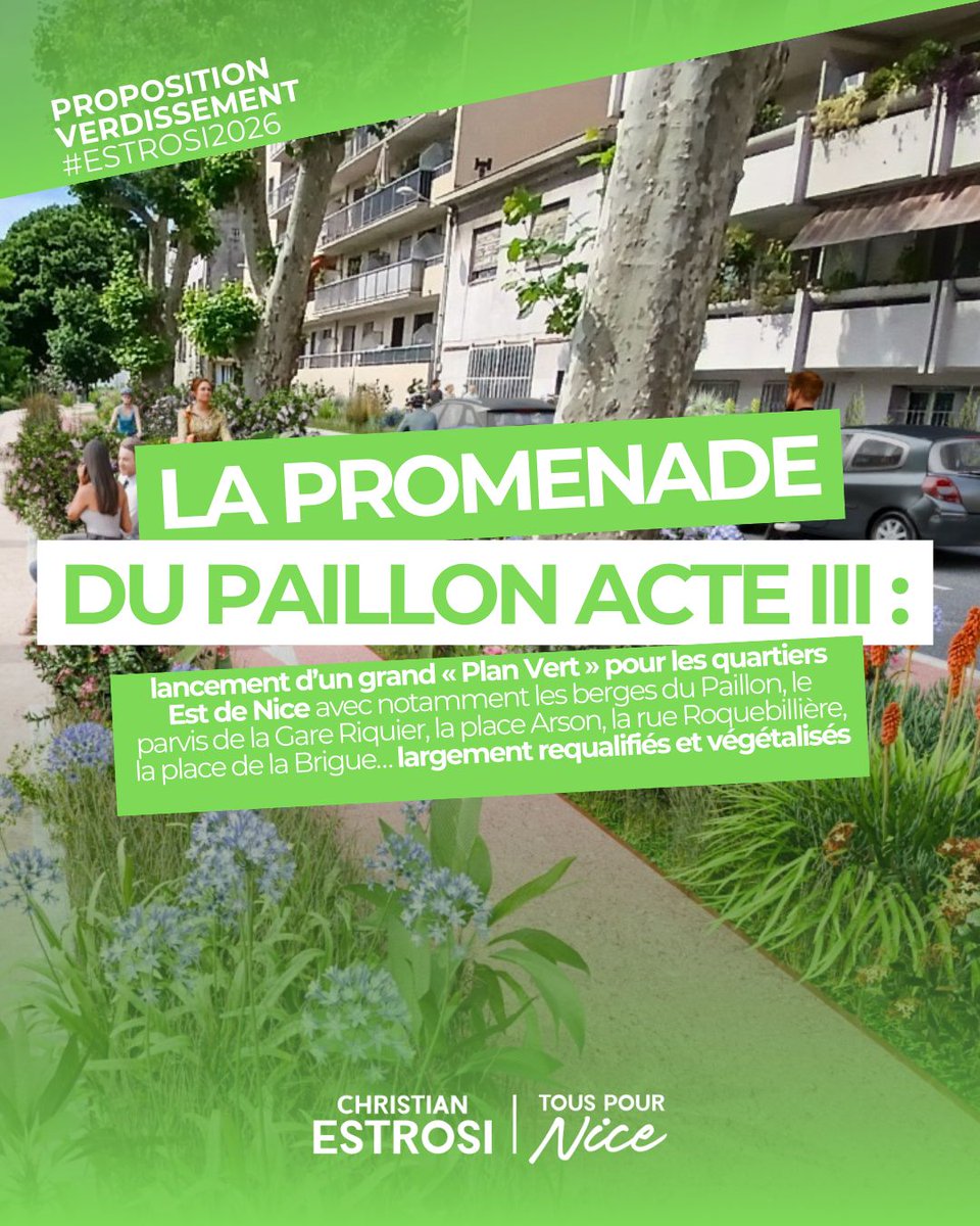Après le succès de la Promenade du Paillon, Nice Est entre dans l’acte 3 du Plan vert.
Berges du Paillon, gare de Riquier, place Arson, Roquebillière, Vauban, Palio…
➡️ +1 500 arbres
➡️ +17 000 m² d’espaces verts
➡️ -2,6 tonnes de CO₂/an
➡️ sols perméables et zones de fraîcheur