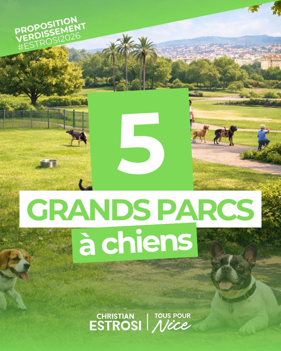 Les parcs et jardins sont pour tous les Niçois, y compris ceux à 4 pattes !
Nous créerons 5 grands parcs à chiens, dont un dans le Grand Parc de la Plaine du Var et un autre sur la Promenade du Paillon, prolongé jusqu’à la place Armée du Rhin.
Et ce n'est pas fini ! dans les