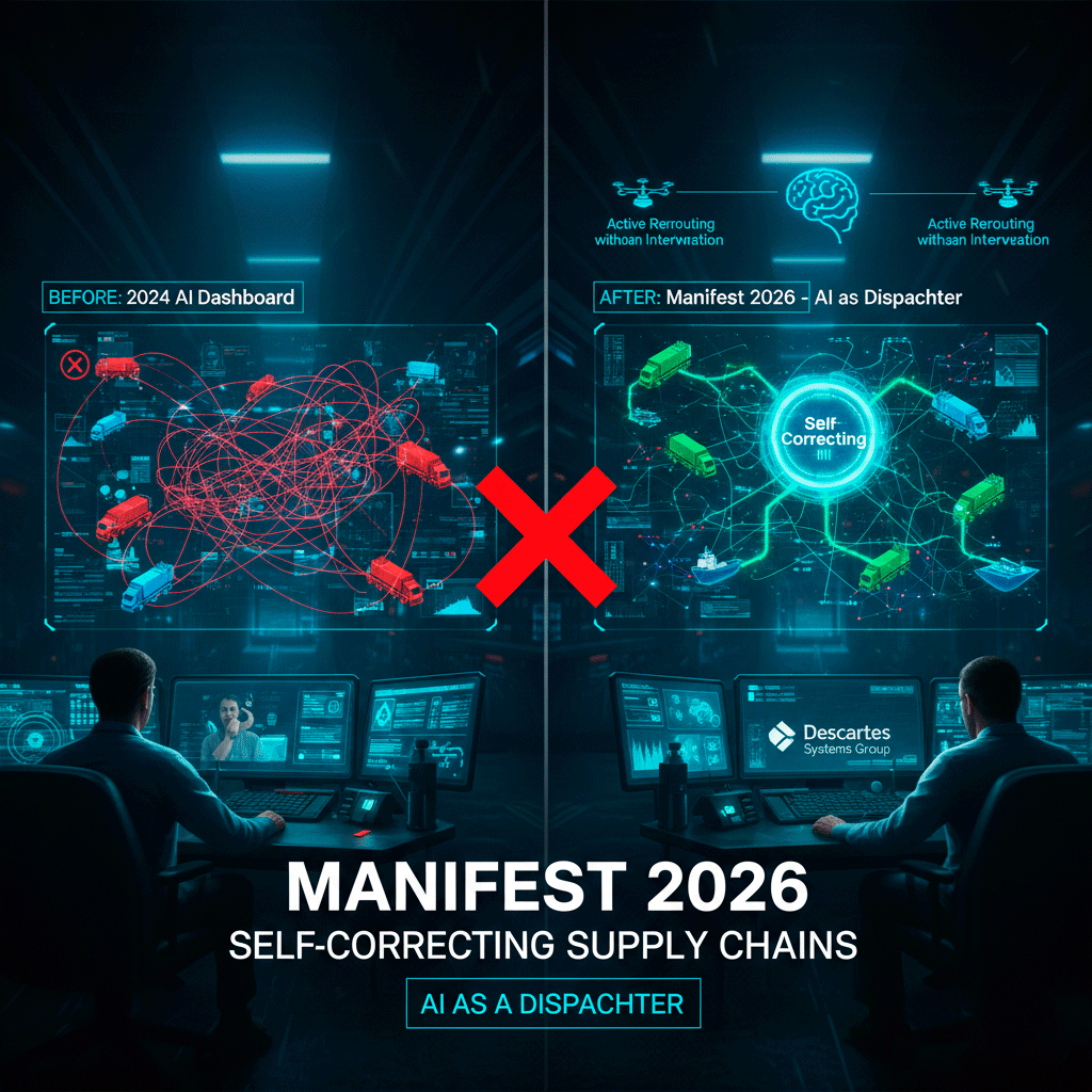code_leverage's tweet image. Manifest 2026, the massive logistics and supply chain tech conference, opened its doors today.

Companies like Descartes Systems Group are showcasing new AI architectures that don't just predict delays  but actively reroute physical assets without human intervention.