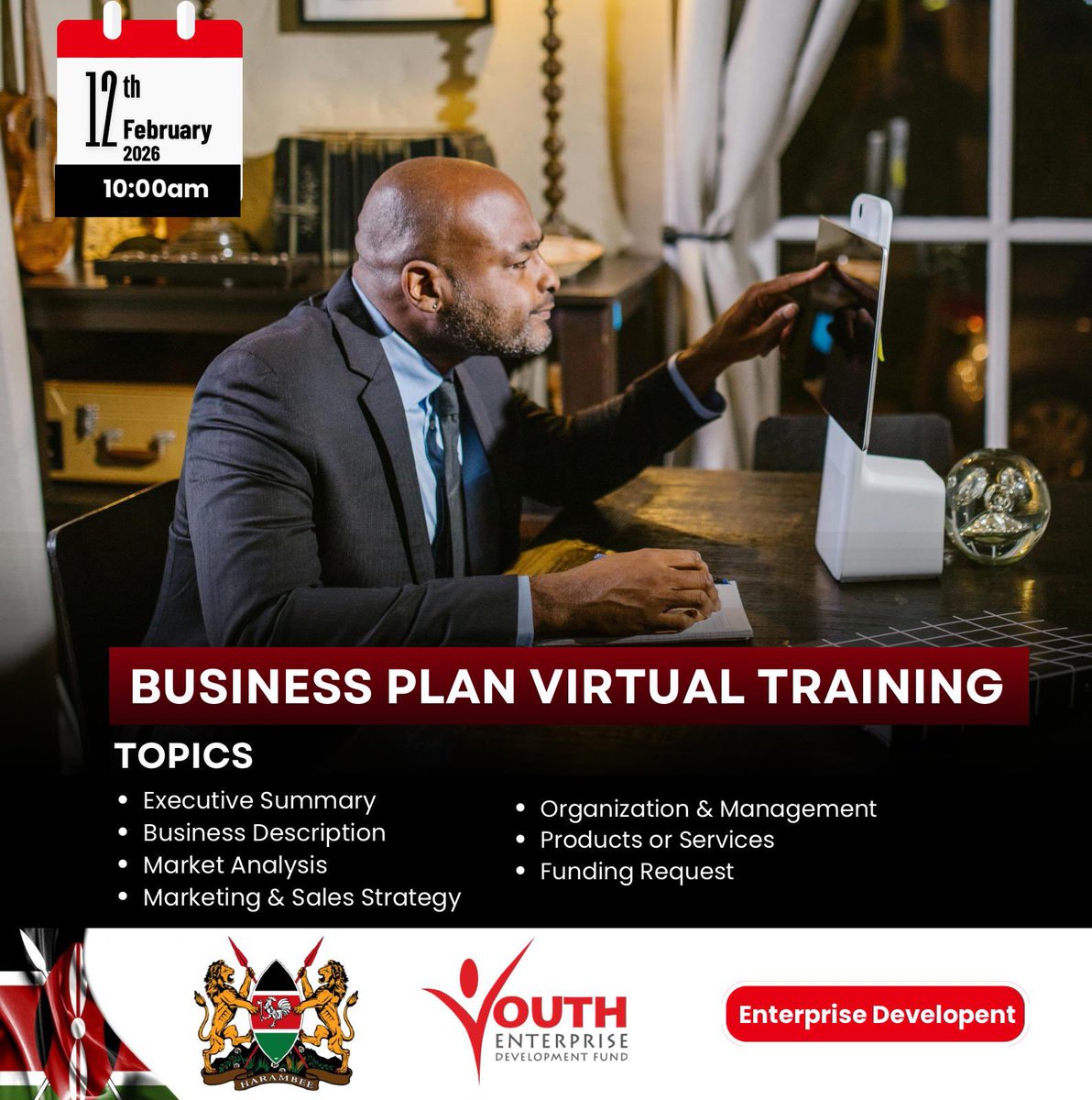 YouthFund_Ke's tweet photo. Join us for an Online Business Planning Training on Thursday, 12th February 2026 at 10:00 AM. Learn essential skills in idea development, financial planning, and business growth strategies. Register here: https://t.co/ZzhvqSzNhy
#YouthEnterprise #BusinessPlanning https://t.co/436Hd6LVpo
