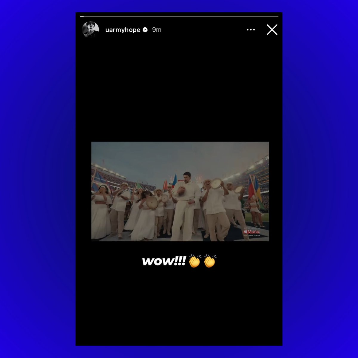 j-hope praises Bad Bunny by sharing a clip of his historic Super Bowl performance on his Instagram story.

“Wow!!!👏👏”