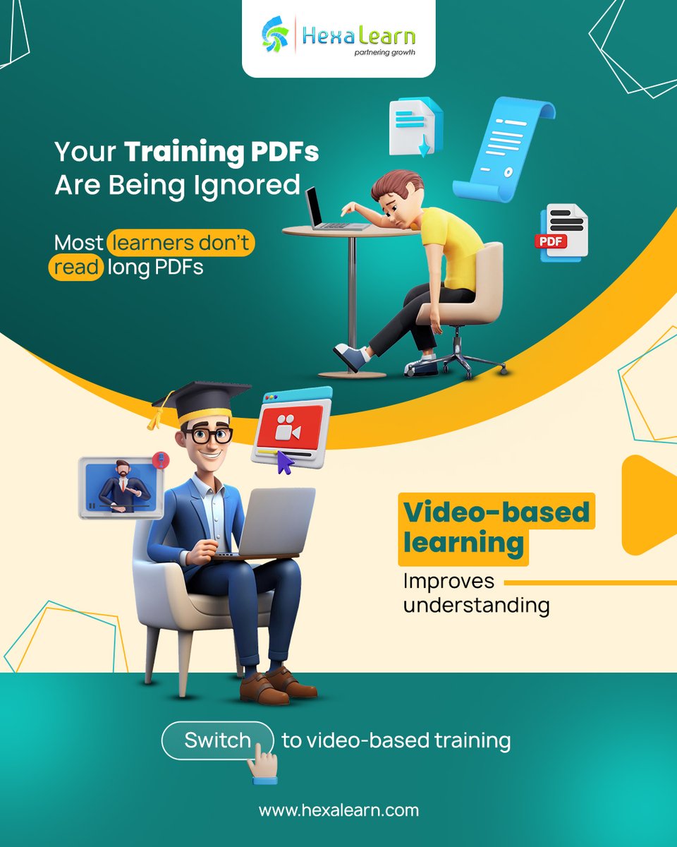 HexaLearn's tweet photo. Most learners skip long PDFs—costing time &amp; engagement. 🎯

Video-based learning makes content easy, engaging, and memorable.

It’s time to train smarter! 🚀

👉 Switch to video-based training with HexaLearn

#LearningAndDevelopment #CorporateTraining #VideoBasedLearning #EdTech https://t.co/6aYWCIlAok