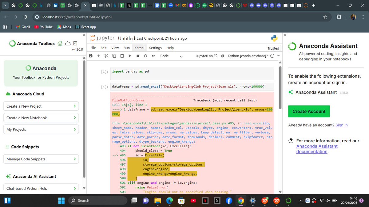 SmartjayAtan's tweet photo. Downloaded a 1.1GB loan dataset.

Excel froze.
Sheets crashed.
So I moved to Python.
Jupyter said:
 FileNotFoundError
Ran os.getcwd() → wrong directory
Tried expanduser() → still failed 😭
After 30 mins debugging… Solution?
Just move the file into the notebook folder.
#Data https://t.co/cuTVkcY4x7