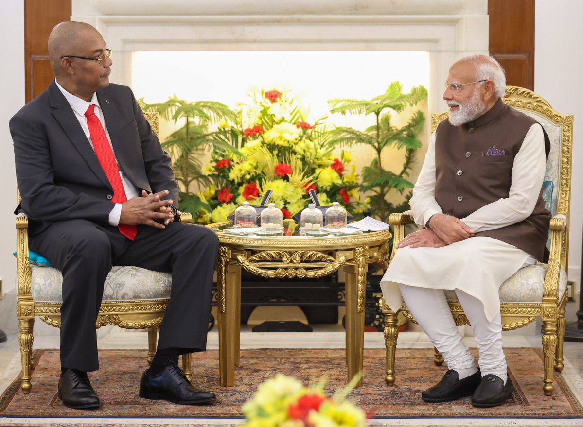 narendramodi's tweet image. Had a productive meeting with President Patrick Herminie of Seychelles earlier today. His visit comes at a time when Seychelles is celebrating the 50th year of its Independence and the 50th anniversary of India-Seychelles relations. Our nations are connected by history and a…