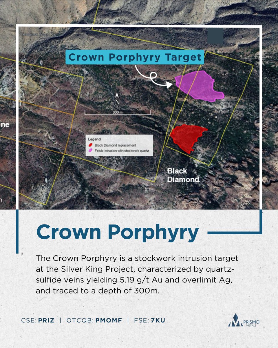 PrismoMetals's tweet photo. We've defined a new target at Silver King: The Crown Porphyry.
β
Surface: 5.19 g/t gold & overlimit silver
β
Depth: IP survey traces the anomaly to 300m
We have the grade at surface and the geophysical signature at depth. This target is drill-ready. βοΈ
$PRIZ #SilverKing https://t.co/yI6D5kaACK