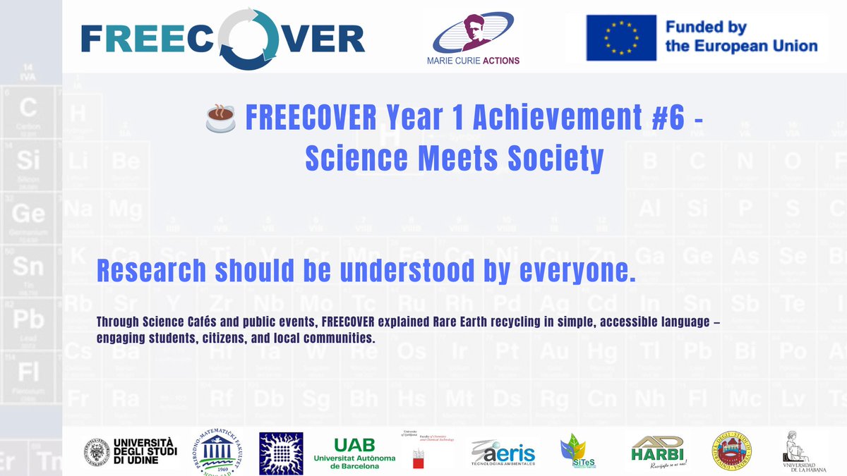 freecover_EU's tweet photo. ✅️Together, we’re building a sustainable future for Rare Earth Element recycling!
#FREECOVERProject #HorizonEurope #MSCAStaffExchanges https://t.co/BOoiImwsnW