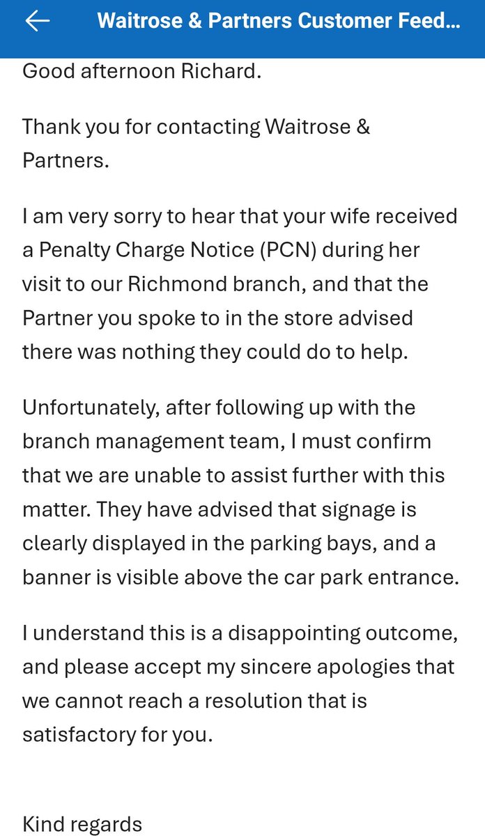 RichardFarndale's tweet photo. @waitrose @waitrose yes this is very disappointing. I have paid the "fine". It cost me £50, but it has already cost Waitrose more in loss of sales. @AldiUK when are you opening at Kew retail Park and will you fine your customers for using the car park? https://t.co/OXr5tcQVX5