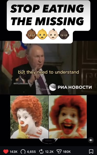 sacred22763's tweet image. Stop eating the missing children. Putin said it first.
Foodshelterwater on YouTube
#truthseeker #sammythekid #nomadsoldierarmy
#mcdonalds #human #fastfood #putin #soylentgreen