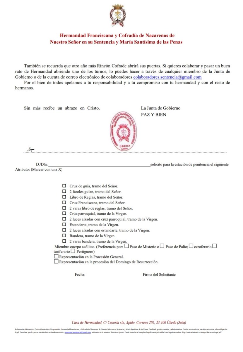 SECRETARIA | Carta convocatorias Cuaresma y Semana Santa, 2026.