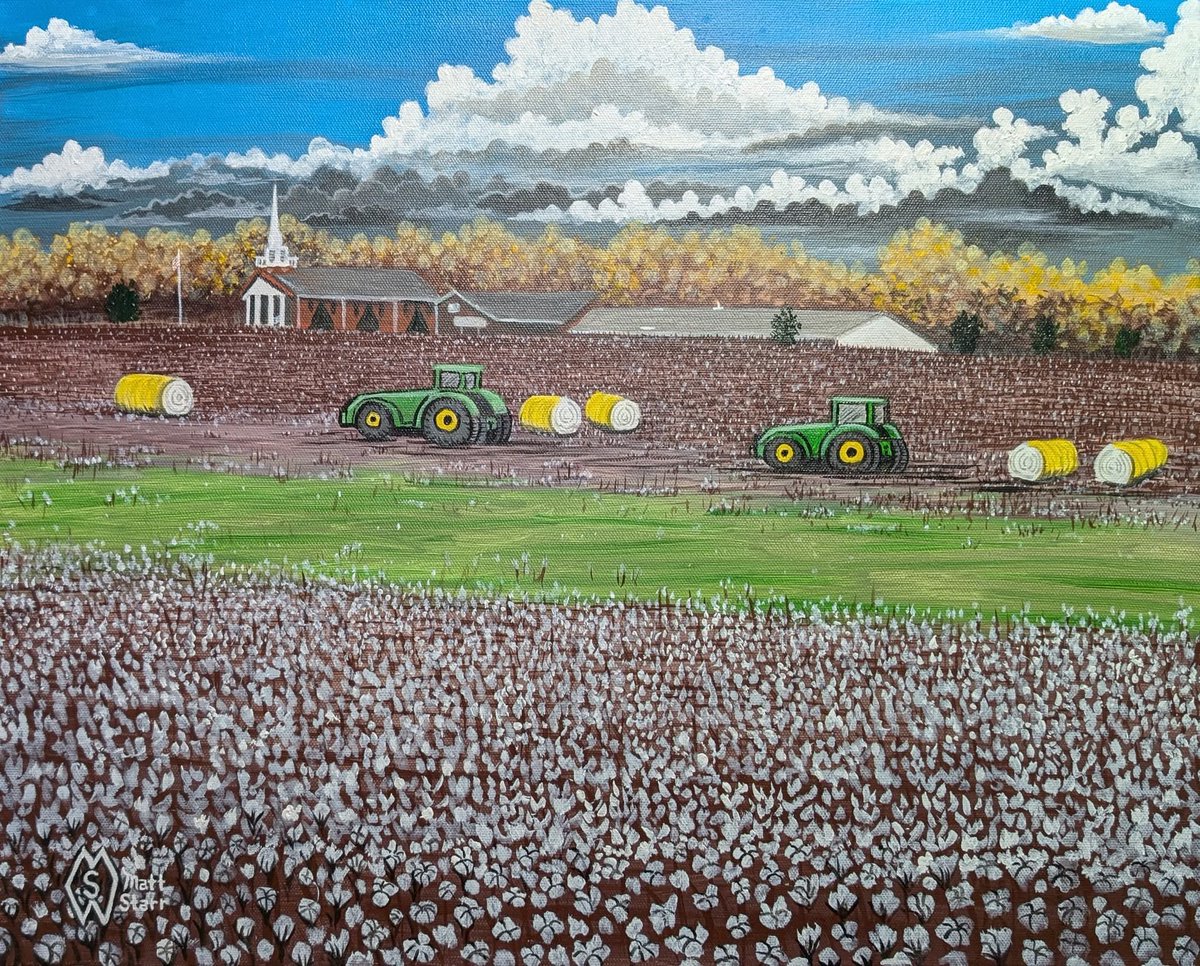 MattStarrFineA1's tweet image. This is my recent acrylic painting of a cotton field landscape that is partially harvested under a sky of cotton ball clouds: redbubble.com/shop/ap/177228… 

#mattstarrfineart #cotton #cottonfield #cottonharvest #cottonballs #art #paintings #tshirts #artist #artistic #farm