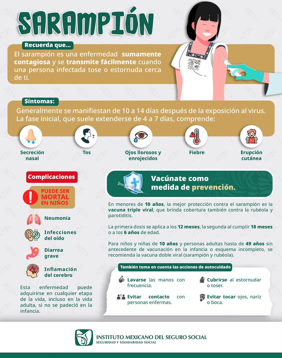 IMSS_S_L_P's tweet photo. 🛡️💉 El #Sarampión se puede prevenir con vacunación.
En el #IMSS la vacuna está disponible.
📍 Acude a tu #UMF, revisa tu Cartilla Nacional de Salud y protégete.
💚 Vacunarte nos cuida a todas y todos. #IMSSSLP https://t.co/OeCj82fBNs