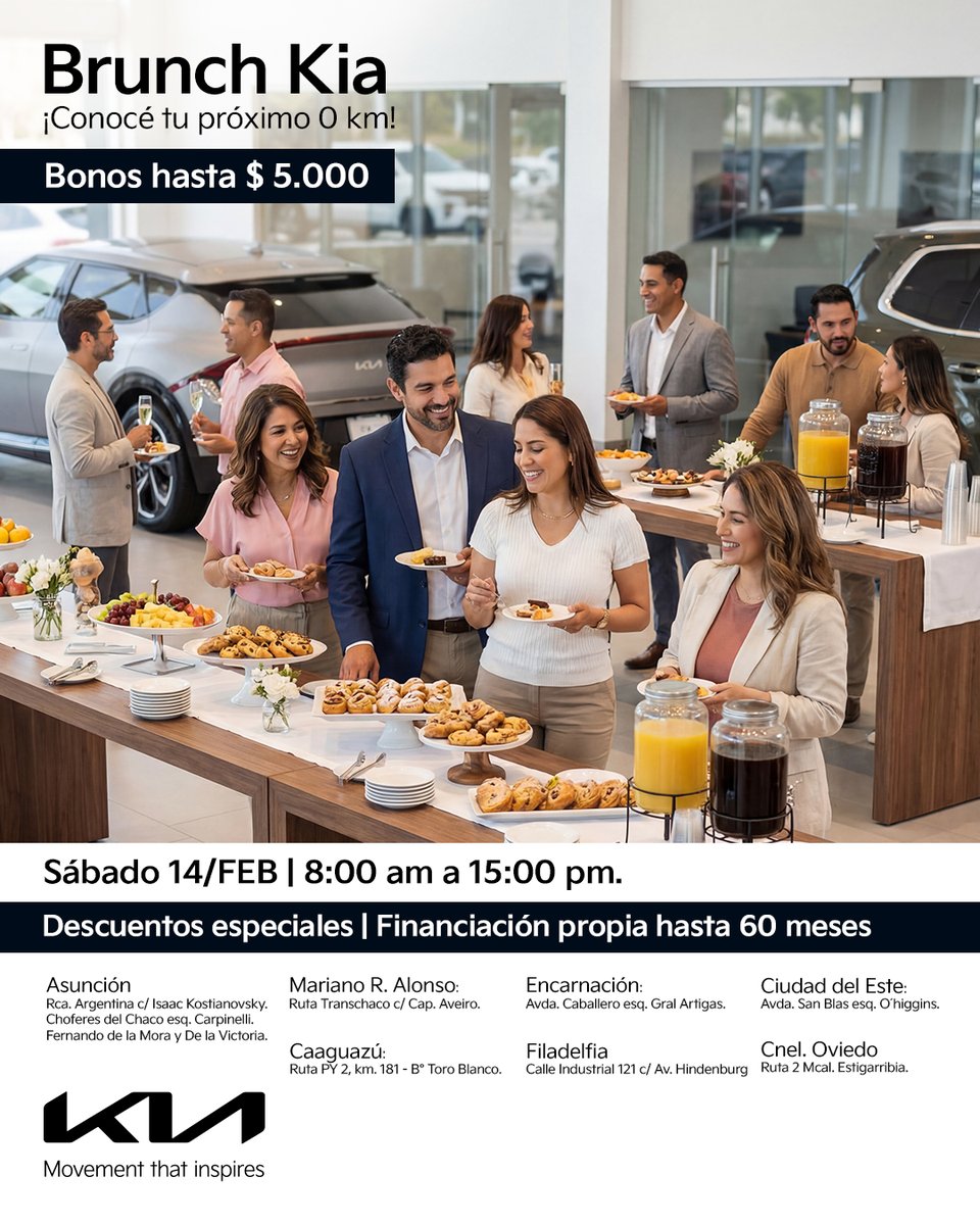 Este sábado 14 de Febrero viví el Brunch en Kia.🥐

Conocé tu próximo 0 km y aprovechá bonos hasta $5.000, descuentos especiales y financiación propia hasta 60 meses.🚗

🕗 De 8:00 a 15:00 te esperamos en nuestras sucursales.

#Kia #MovementThatInspires