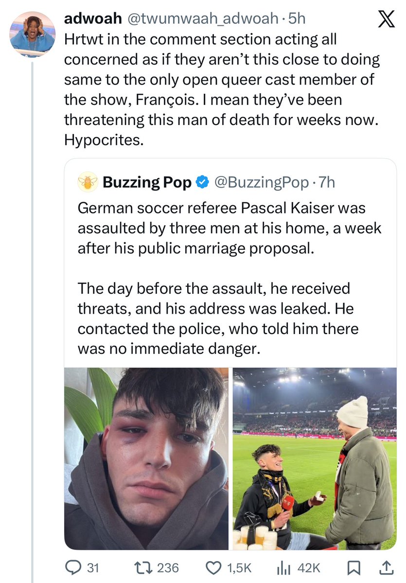 R0ZAN0VS's tweet image. a queer man was doxxed, received threats and was assaluted in his own home because he proposed to someone he loves and here you are comparing it to people disliking a celebrity and calling him old. you people are fucking disgusting.