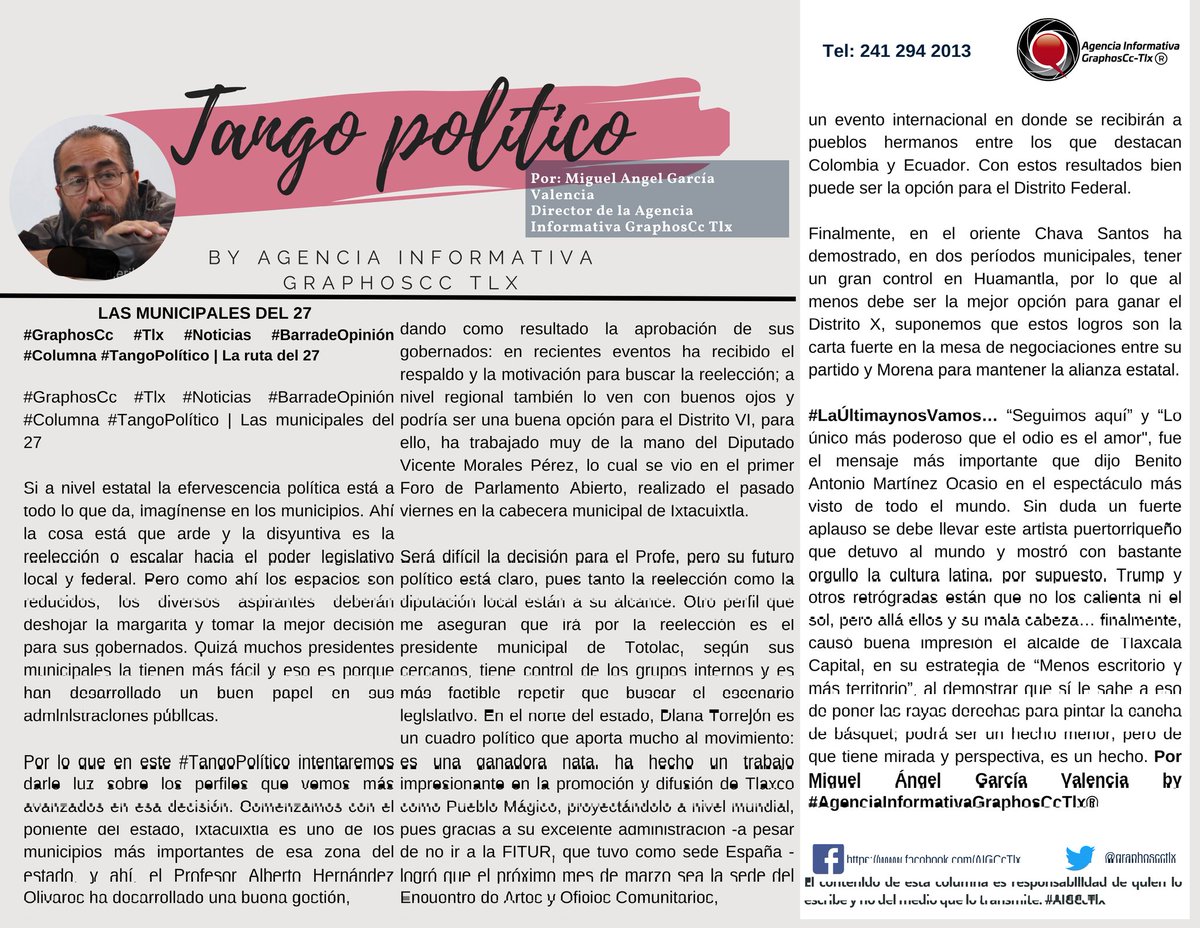 #GraphosCc #Tlx #Noticias #BarradeOpinión #Columna #TangoPolítico | Las municipales del 27 por Miguel Angel Garcia Valencia by #AIGCcTlx
Lee la #ColumnaAIGCcTlx completa dándole click aquí ⬇️👇👇⬇️ 
facebook.com/share/p/1DgCnS…