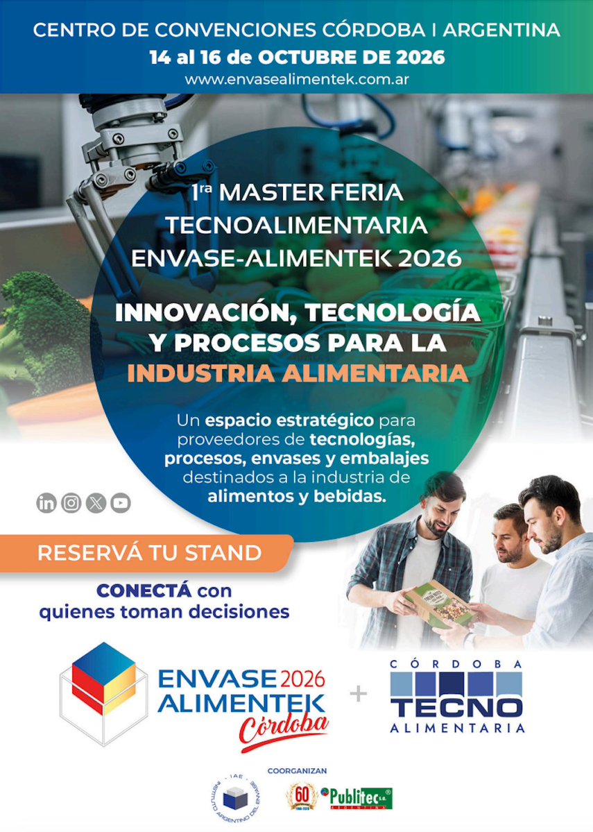Participe de la 1era Master Feria Tecnoalimentaria #EnvaseAlimentek 2026
Un espacio estratégico para proveedores de tecnologías, procesos, envases y embalajes destinados a la industria de alimentos y bebidas.
🗓 14 al 16 de octubre 📍 Centro de Convenciones Córdoba